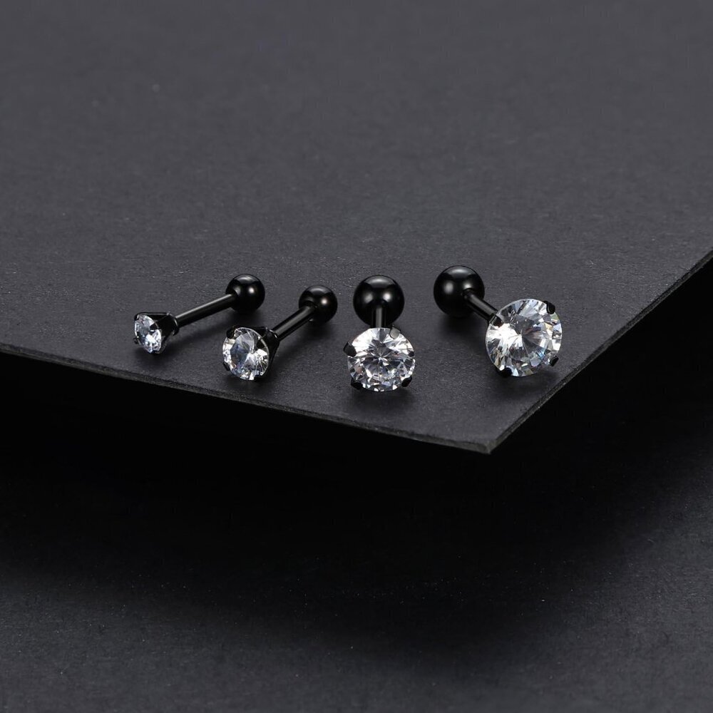 Stainless Steel Screw Back Barbell Earrings | 4 Pairs in Various Sizes and CZ - Picture 6 of 7
